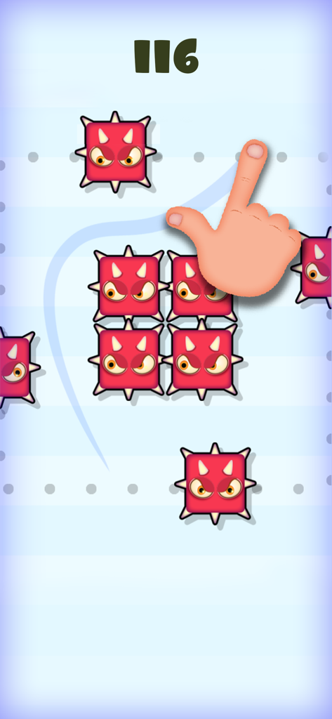 Juego de Mmm Fingers mostrando el dedo de un jugador esquivando monstruos rojos con púas para lograr una puntuación alta