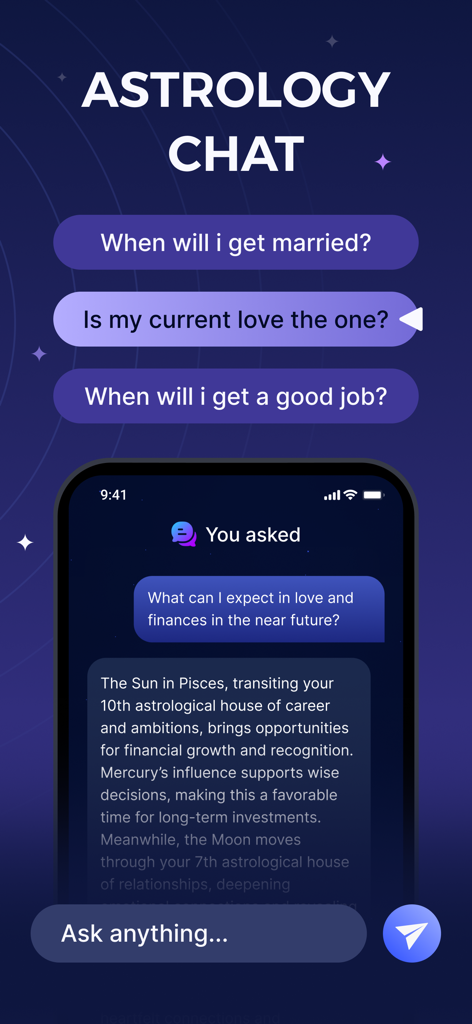 Interface of the Astro app astrology chat feature showing personalized horoscope predictions and questions about love and career.