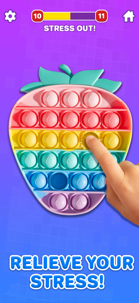 A hand interacting with a rainbow strawberry shaped pop it toy in a stress relief game