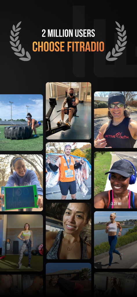 Fit Radio: Train Inspired - A collage of active people during workouts with the text 2 million users choose Fit Radio