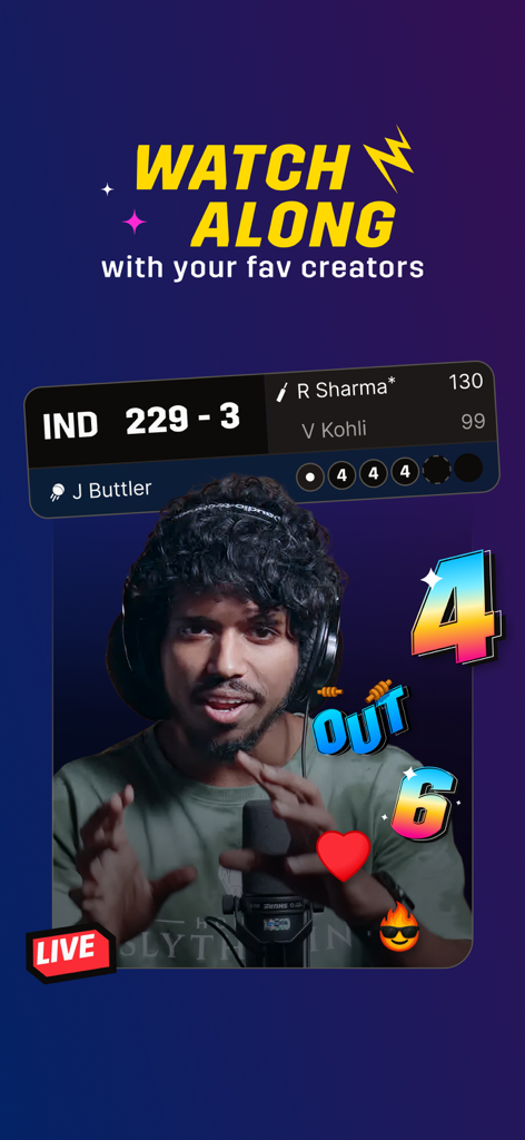 Dream11: Sports Watch Along - Interfaz de la aplicación Dream11 que muestra una transmisión de críquet en vivo con un creador de contenido y marcadores del partido en tiempo real.