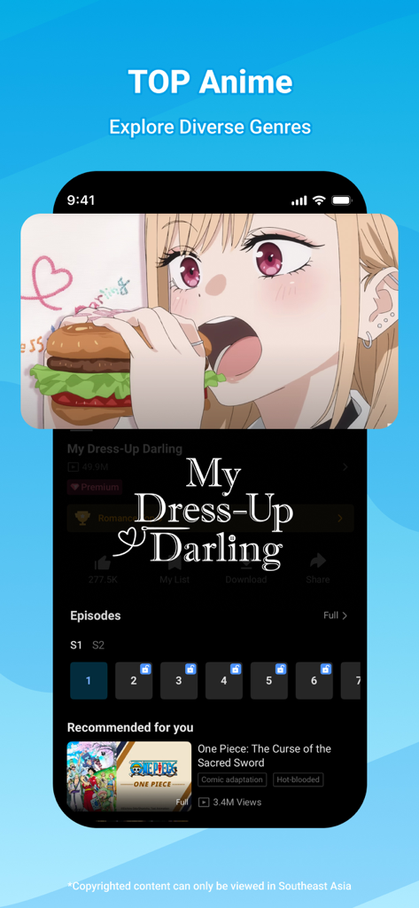 BiliBili -HD Anime, Videos - BiliBili app interface showing a scene from My Dress-Up Darling anime and an episode selection list on a mobile screen