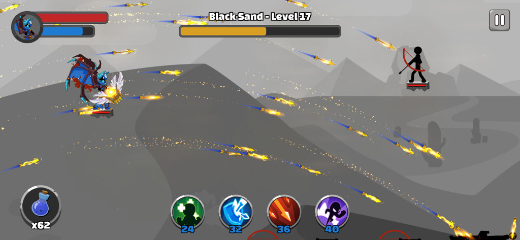 Arqueiro stickman disparando uma chuva de flechas brilhantes contra um inimigo no nível Black Sand