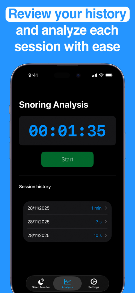 Snore Alarm - iPhone screen showing the session history and snoring analysis page of the Snore Alarm app.
