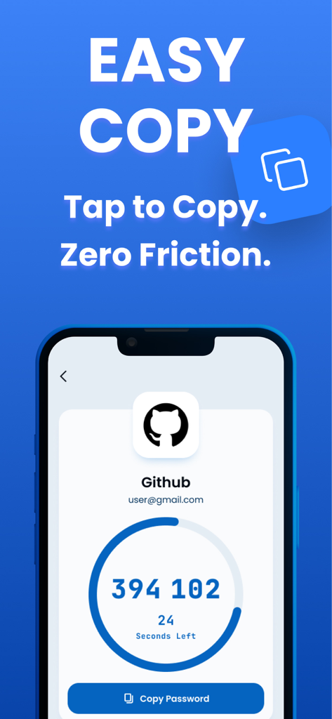 2FA Authenticatorアプリのモバイルインターフェース。GitHubのワンタイムパスワードとコピーボタンが表示されています。