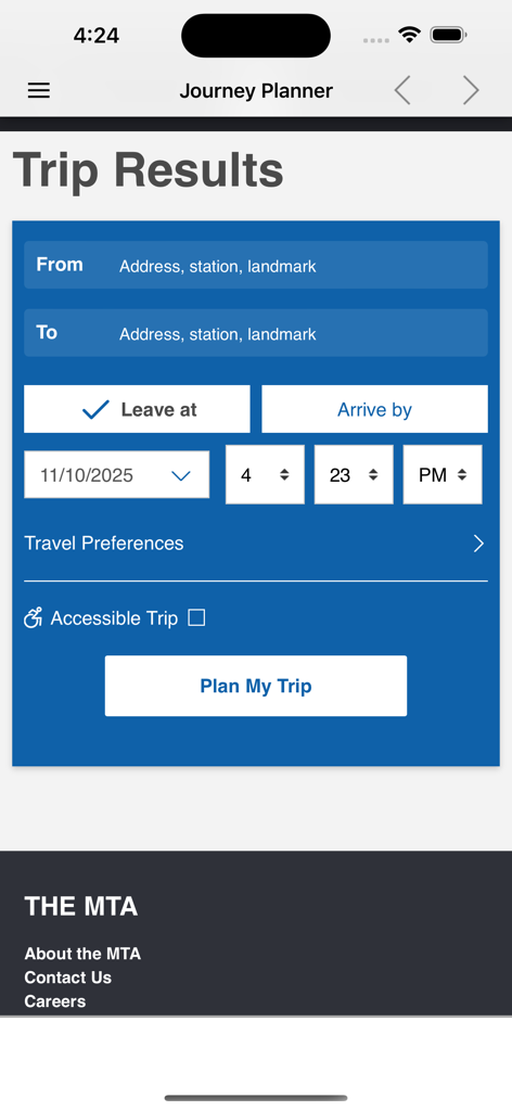 NYC Metro Map + - Handy-Bildschirm, der die Benutzeroberfläche des Reiseplaners der NYC Metro Map App mit Feldern für Start- und Zielort sowie einer Schaltfläche 'Reise planen' anzeigt.
