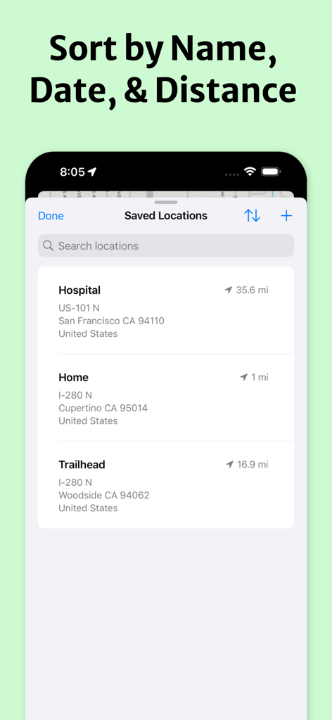 Una lista de direcciones marcadas en la aplicación Address Finder con opciones de clasificación por nombre, fecha y distancia.