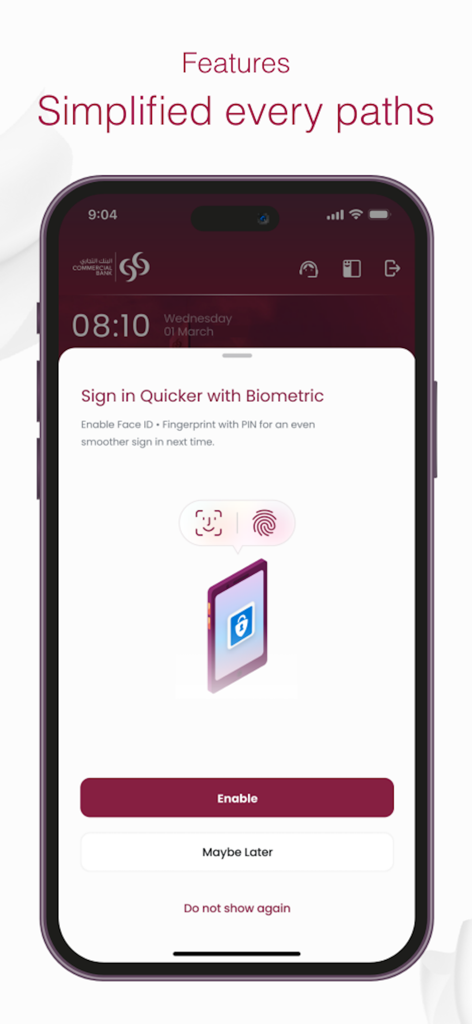 CB Corporate Banking - A smartphone showing the biometric login activation screen for the CB Corporate Banking app