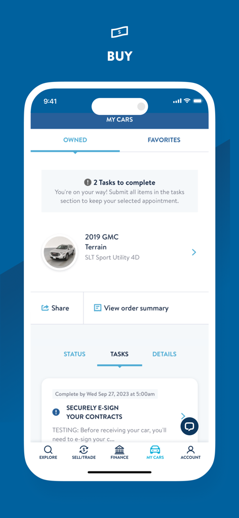Carvana: Buy/Sell Used Cars - The Carvana app My Cars screen showing a 2019 GMC Terrain and pending tasks for a vehicle purchase like e-signing contracts.