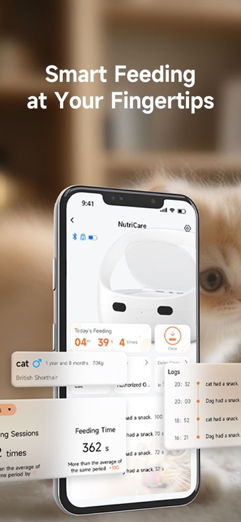 Smartphone screen showing the Petoneer NutriCare app for managing pet feeding schedules and logs