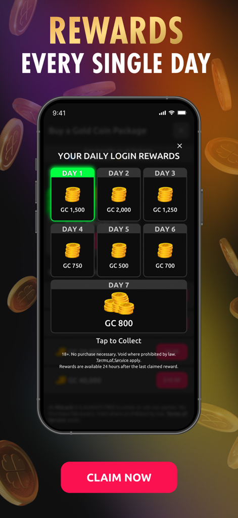 McLuck Casino daily login rewards calendar showing gold coin bonuses for seven days