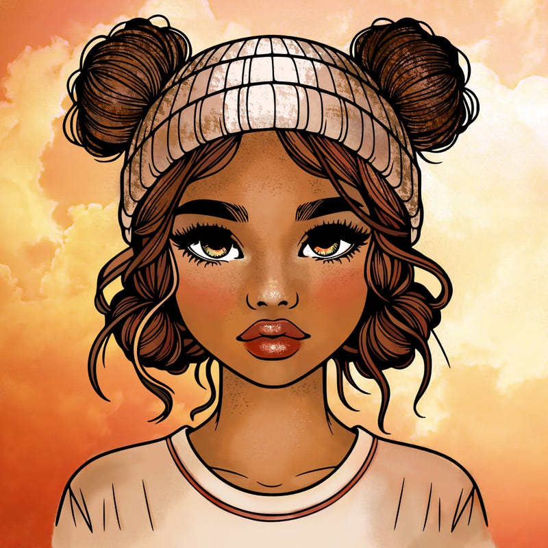 realistic girl with buns in her hair with a beanie on