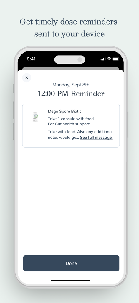 Smartphone screen showing a 12:00 PM supplement dose reminder for Mega Spore Biotic in the Fullscript app.