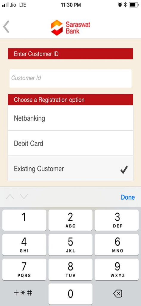 Saraswat Bank Mobile Banking - Saraswat Bank Go-Mo app registration screen with customer ID input and login options