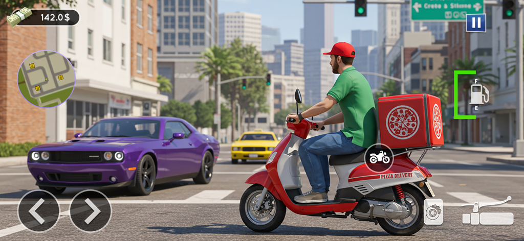 A delivery rider on a red scooter in a 3D city environment with traffic
