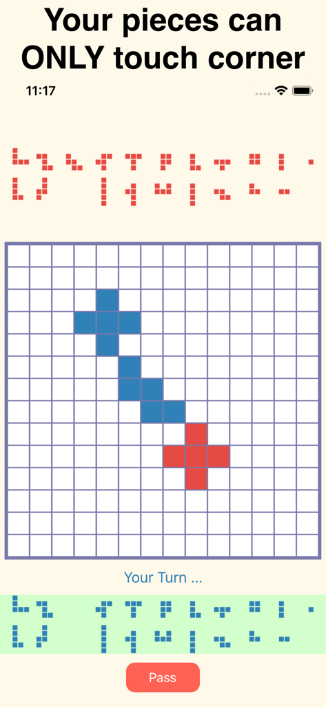 Blokus Online - Interface du jeu mobile Blokus Online montrant des pièces placées sur une grille avec la règle que les pièces ne peuvent se toucher qu'aux coins.