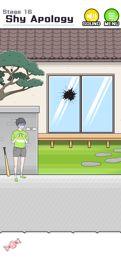 Shy Boy - Escape Game - シャイボーイ脱出ゲームで、割れたガラス窓と野球バットのそばに立つ神経質なキャラクター。