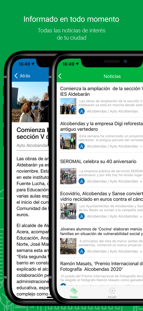 Interfaz de la app móvil de Alcobendas que muestra noticias municipales y detalles de artículos