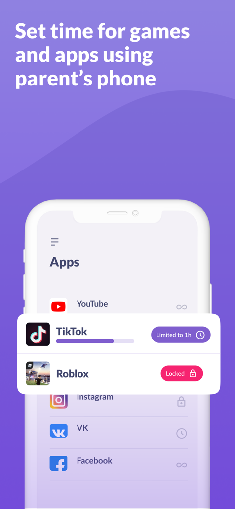 Alli360: Screen Time Control - TikTok의 사용 시간 제한 및 Roblox의 제한된 액세스를 보여주는 Alli360 앱 인터페이스