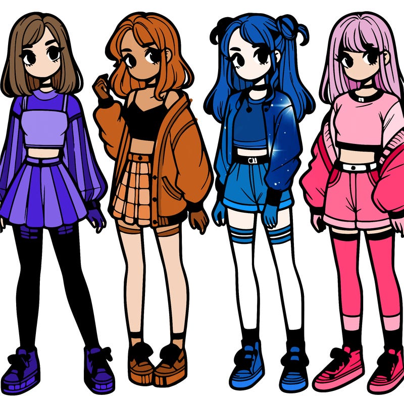 one girl with crop-top shirt and a jacket with a skirt, long socks and another girl with a shirt and pants with a jacket