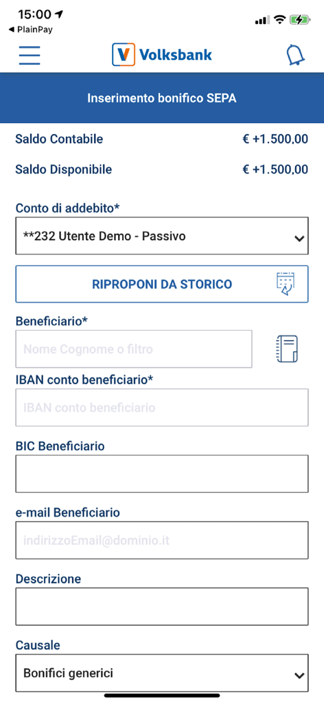 CoBa web mobile - Interfaccia per l'avvio di un bonifico SEPA nell'app CoBa web mobile di Volksbank