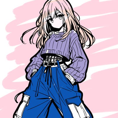 anime teen girl with baggy pants and crop top with sweater