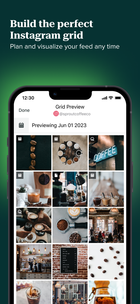 Sprout Social mobile app interface showing an Instagram grid preview for feed planning and visualization