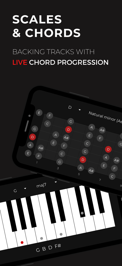 Backtrackit: Musicians Player - Guitar fretboard and piano keyboard showing musical scales and chord progressions in the Backtrackit app