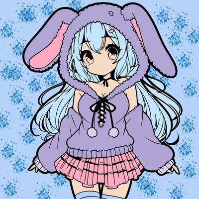 pretty anime girl wearing a fluffy hoodie with bunny ears on the hood and a skirt