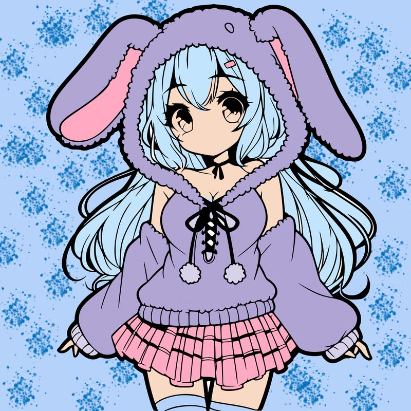 pretty anime girl wearing a fluffy hoodie with bunny ears on the hood and a skirt