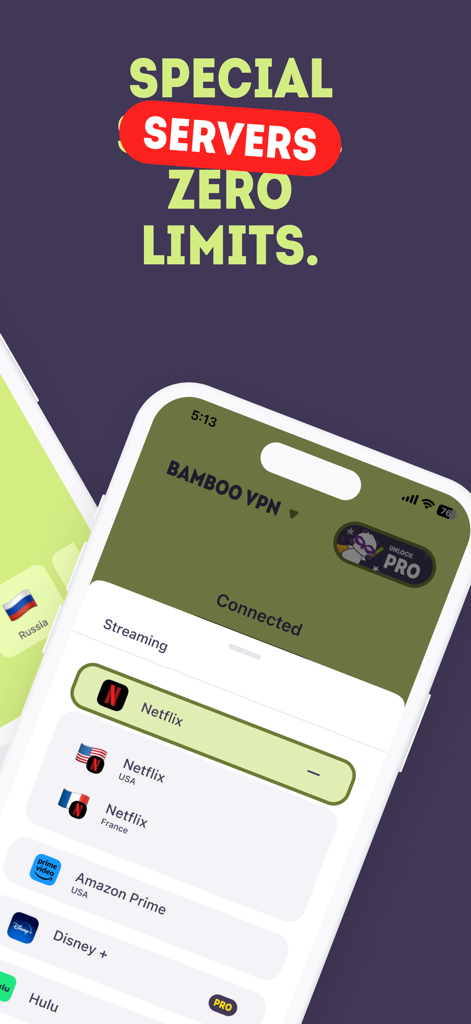 BambooVPN - Secure VPN Proxy - BambooVPN app interface showing special servers for Netflix Amazon Prime and Disney Plus