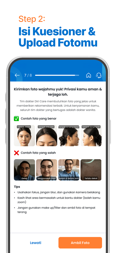 Diri App-Oberfläche mit schrittweisen Anleitungen und Beispielen zum Hochladen von Gesichtsfotos für eine personalisierte Hautbewertung.