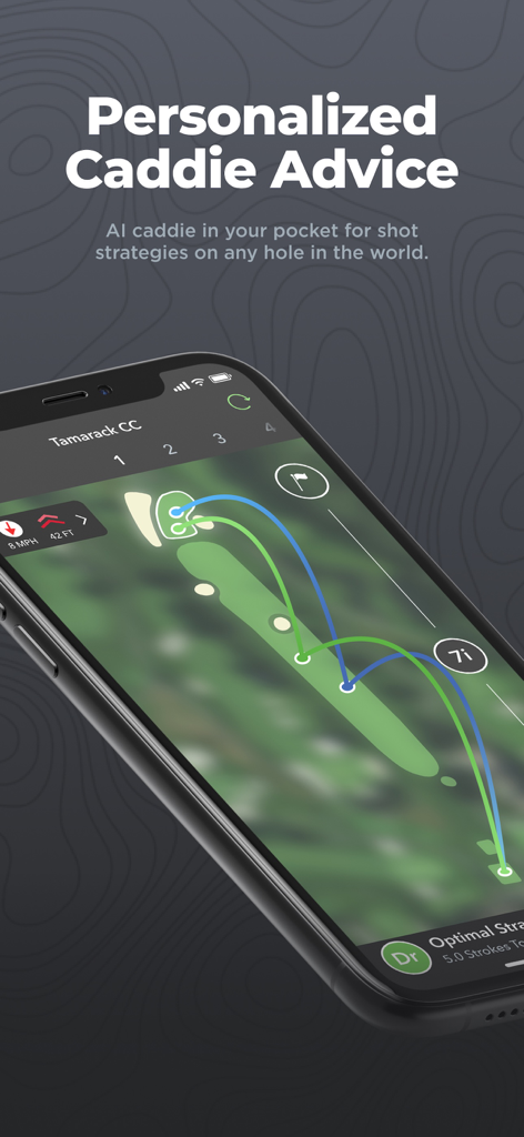 Arccos - Arccos golf app displaying AI caddie shot strategy and club recommendations on a golf course map.