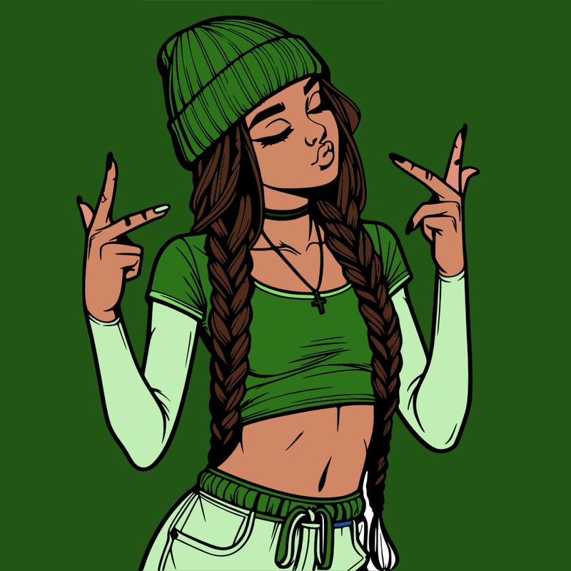 realistic teenage girl with braids and a beanie and crop top doing 🫶🏼