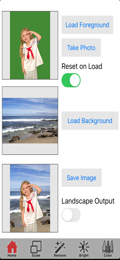 Interfaccia che mostra una ragazza su uno schermo verde che viene composta su uno sfondo di spiaggia