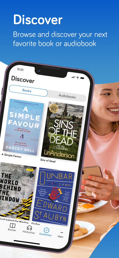 Smartphone screen displaying the tolino app's Discover section with eBook and audiobook recommendations.