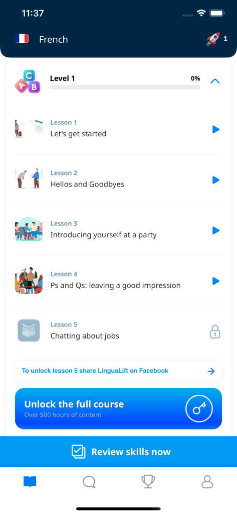 LinguaLift - LinguaLift app interface displaying the French Level 1 lesson modules and progress tracking
