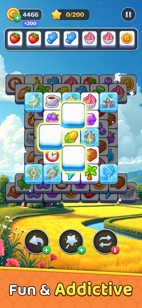 Tile Burst - Match Puzzle - Una captura de pantalla de la jugabilidad de Tile Burst Match Puzzle mostrando fichas de frutas y mecánicas de bloque de hielo sobre un campo soleado