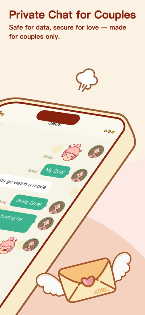 Una linda pantalla de chat privado para parejas con avatares de dibujos animados y burbujas de mensajes con temática de corazones.