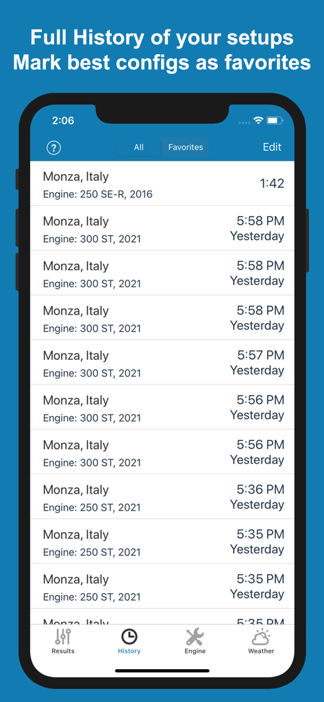 Jetting Sherco 2T Moto Bikes - Pantalla de historial de configuración en la aplicación Jetting Sherco 2T Moto Bikes