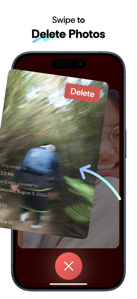 Expert Cleaner - Clean Storage - A mobile interface demonstrating the swipe-to-delete feature to quickly remove unwanted photos and free up storage space