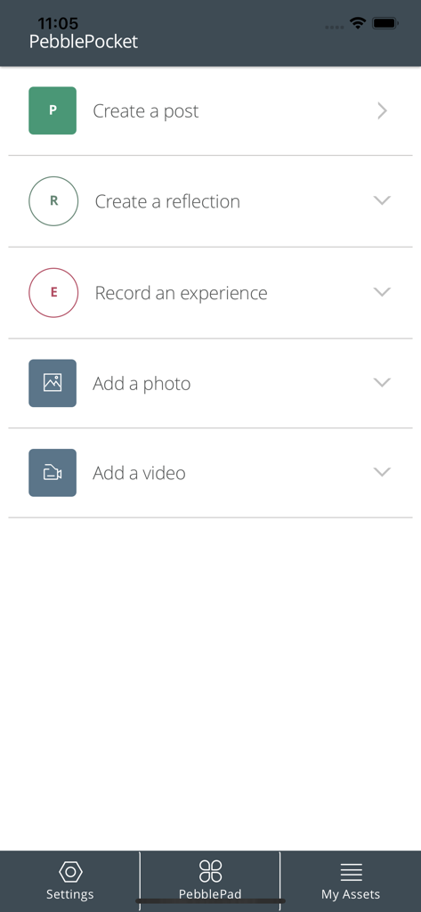 PebblePocket app home screen showing options to create reflections and capture evidence
