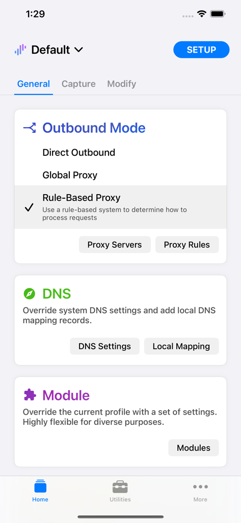 Surge 5 앱 대시보드로 아웃바운드 모드 DNS 및 네트워크 모듈의 일반 설정을 보여줍니다.