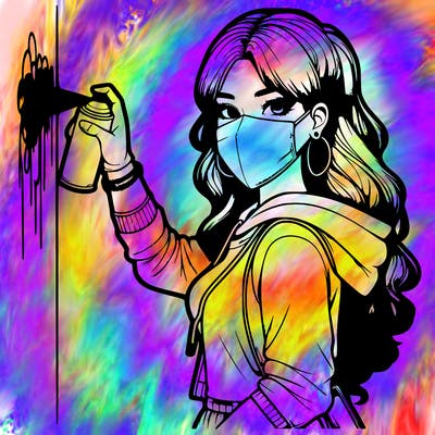 realistic girl with mask spray painting a wall