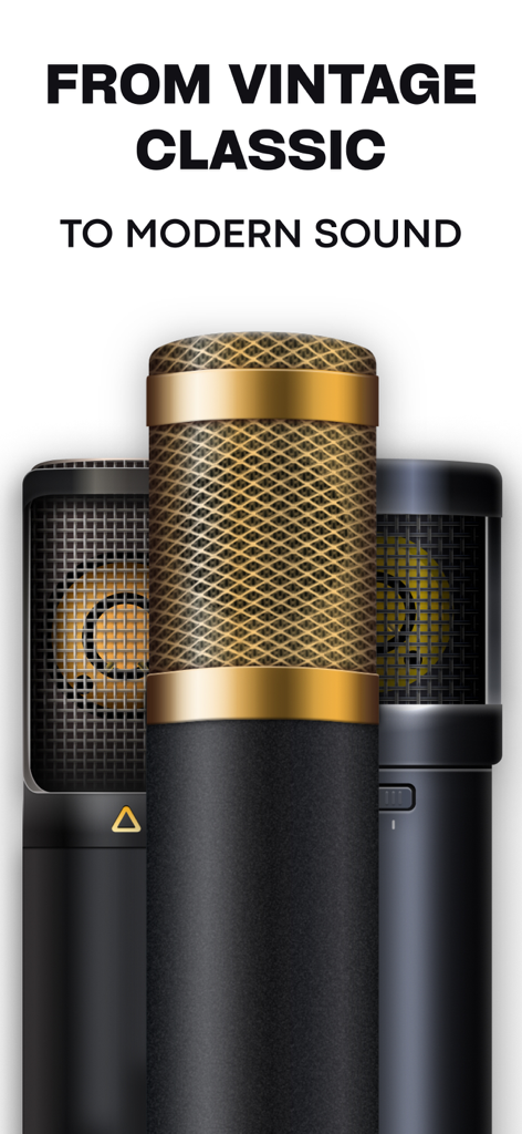 Microphone Live-Voice Recorder - A graphic showing three professional microphones with the text From Vintage Classic to Modern Sound