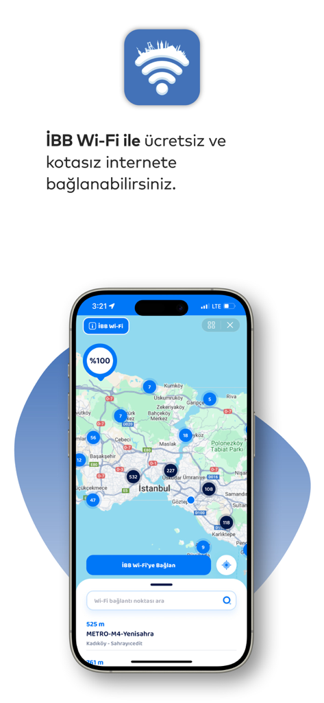 İstanbul Senin - Smartphone, das die Istanbul Senin App mit einer Karte anzeigt, auf der kostenlose öffentliche WLAN-Hotspots in der ganzen Stadt zu sehen sind.