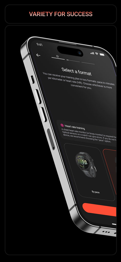 BeFasta Running Training Plans - BeFasta app screen to select training plan format by pace or heart rate.