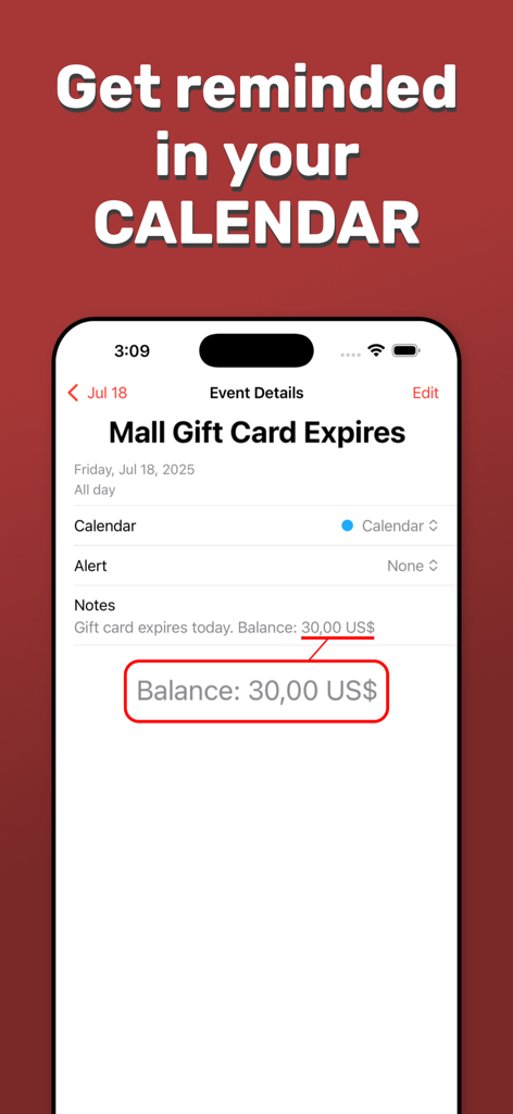 Gift Card Wallet Manager - A smartphone screen displaying a calendar event for an expiring gift card with its remaining balance.