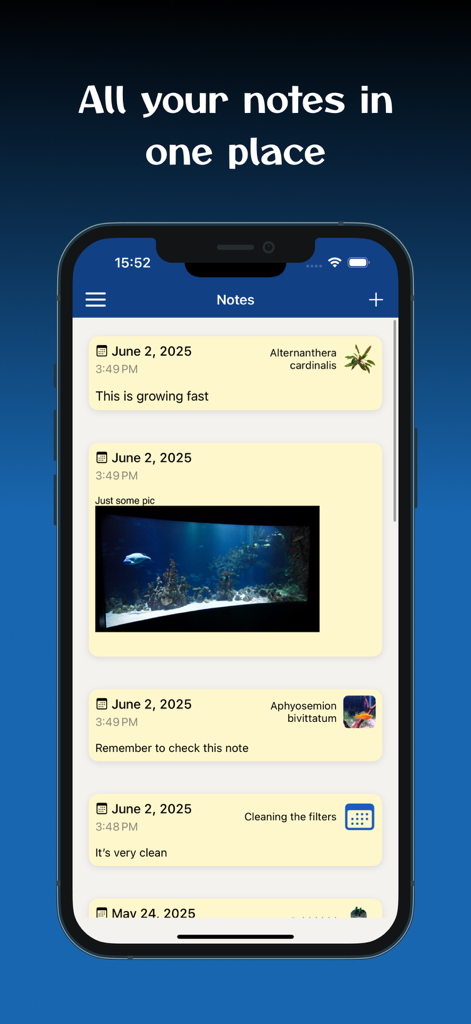 Aquarium Manager: Tank Log - Une capture d'écran de la section des notes de l'application Aquarium Manager montrant une liste de journaux avec des photos et des mises à jour d'entretien pour un aquarium.