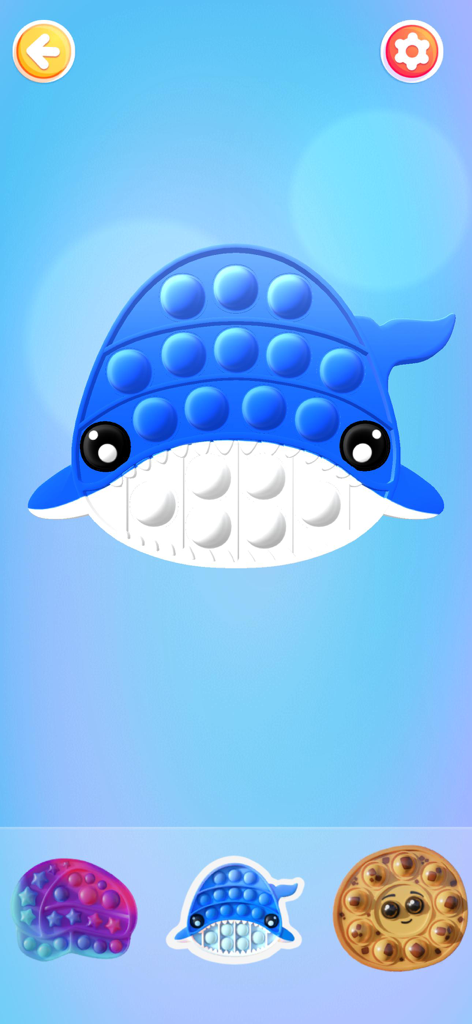 Bubble Pop: Tap Bubbles Game - Un jouet fidget pop-it numérique en forme de baleine bleue sur fond bleu clair dans un jeu mobile.